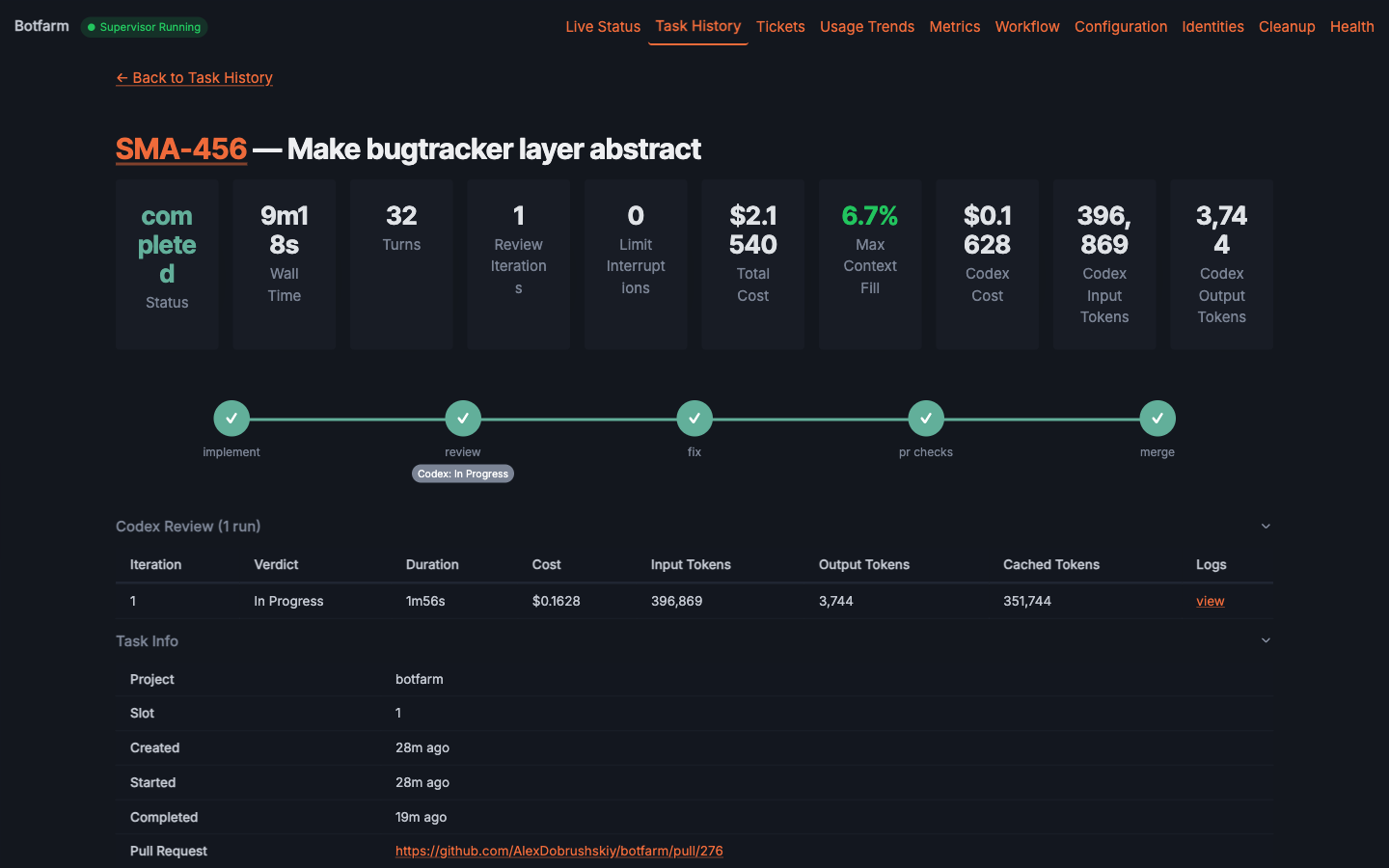 Completed task detail showing full pipeline execution timeline from ticket pull to merge